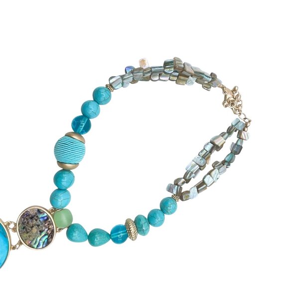 Chico's Turquoise & Abalone Statement Necklace With Gold Accents & Beaded Tassel - Picture 6 of 6